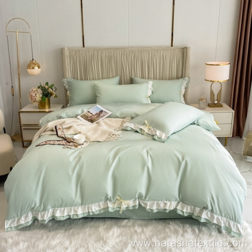 Double layer ruffled washed silk bedding set